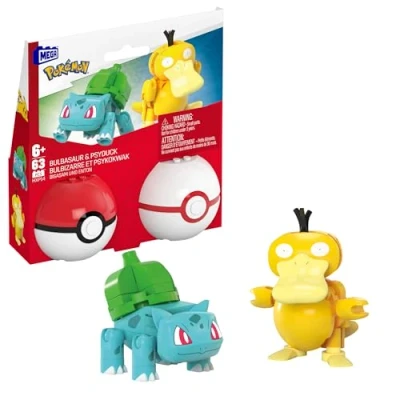Image of MEGA Pokémon Building Toys Set Bulbasaur &amp; Psyduck with 63 Pieces, 2 Poseable Characters and Poké Ball, Inches Tall, for Kids, HXP14