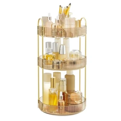 Image of SONGMICS Makeup Organiser Rotating, 3 Tier Round Skincare Organiser, Customisable, Toiletries Cosmetics Gift, Champagne Gold JKA011A01