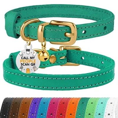 Image of BRONZEDOG Leather Cat Collar with Bells Non Breakaway Kitten QR Tag for Girl Boy (23 28 cm, Green &amp; Gold)