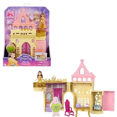 Image of Mattel Disney Princess Toys, Belle Stackable Castle Doll House Playset with Small and 8 Pieces, Inspired by the Movie, Kids Travel Toys Gifts, HLW94