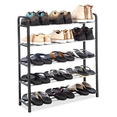 Image of Albert Austin 5 Tier Metal Shoe Rack Stable and Sturdy Black Holds up to 20 Pairs Spacious Design Easy Install Corrosion Resistant Lightweight Storage Organiser Boots Stand