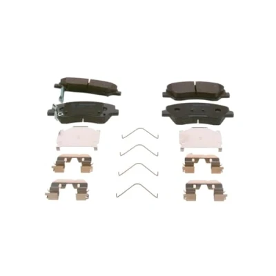 Image of 58101H5A25, 58101Q0A00 Brake pad set BOSCH 0 986 424 951 Low Metallic with acoustic wear warning anti squeak plate spring HYUNDAI: i20 III