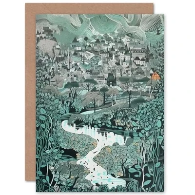 Image of Artery8 Village Near River Forest Landscape Blue Linocut Travel Birthday Sealed Greeting Card Plus Envelope Blank inside