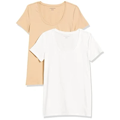 Image of Amazon Essentials Women&#039;s Classic Fit Short Sleeve Scoop Neck T Shirt (Available in Plus Size), Pack of 2, White/Light Camel, S