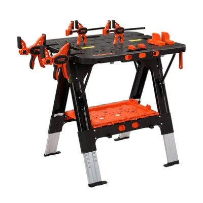 Image of PONY 2 in 1 Folding Workbench, 227 kg Work Bench &amp; 454 Saw Horse, 6 Adjustable Height Portable Table4 Quick Clamps, 4 Clamp Dogs Tool Tray, 79 x 89 63.5 cm