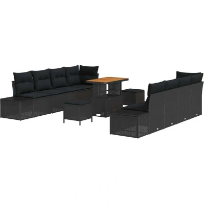 Image of vidaXL 11 Piece Garden Sofa Set with Cushions Black Poly Rattan Acacia