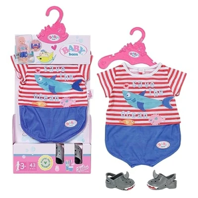 Image of Baby born Bath Pyjamas with Shoes Blue 834268 Accessories for Dolls up to 43cm Features Shark Themed Print &amp; Matching Slippers Ideal Bathtub Suitable Kids from 3+