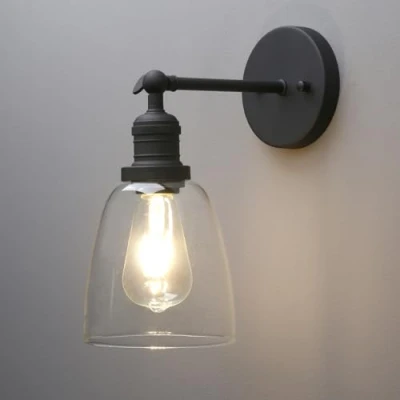 Image of Phansthy Industrial Retro Style Wall Lights Bell Shaped Clear Glass Shade Vintage Sconces E27 Bulbs Indoor Light Loft Bar Kitchen Lamp Bedroom Vanity Mirror Lighting (Black)