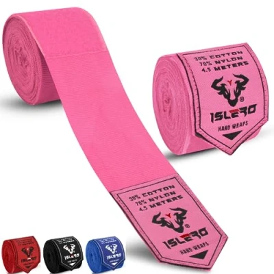 Image of Islero 4.5m Boxing Hand Wraps Inner Gloves Elasticated Fabric Thumb Loop Bandages Straps Wrist Protection Muay Thai MMA Kickboxing Martial Arts Speed Bag Punching Training (Pink)