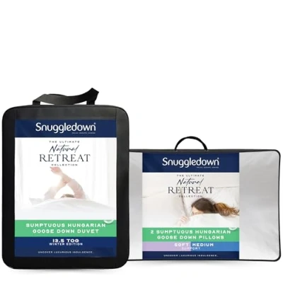 Image of Snuggledown Hungarian Goose Down Single Duvet 13.5 Tog Warm Winter Premium Quilt Ideal for Cold &amp; Chilly Nights, 2 Soft Pillows Jacquard Cotton Cover, Machine Washable, Size (135cm x 200cm)