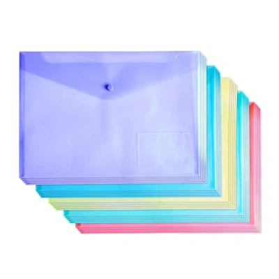 Image of A4 Plastic Document Wallets Assorted Colours Files Folders Press Stud Pack 25