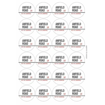 Image of Anfield Road L4 City of Liverpool Sign Circular Matt Paper Stickers A4 Sheet 24 (Each Sticker is 45mm Diameter)