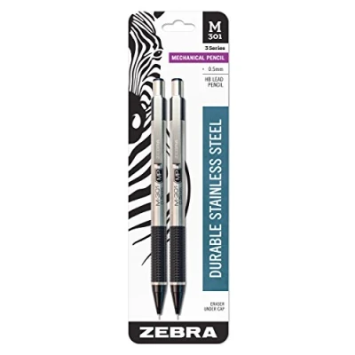 Image of Zebra Pen M 301 Mechanical Pencil, Stainless Steel Barrel, Fine Point, 0.5mm, Black Grip, 2 Count (Pack of 1)