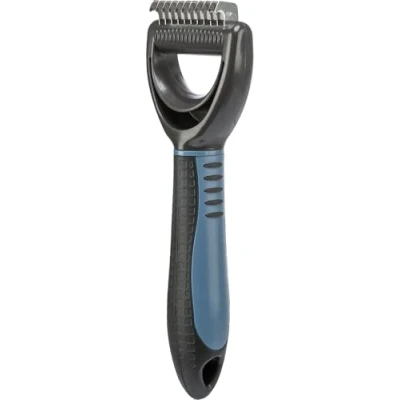 Image of TRIXIE coat detangler for detangling and thinning cuts small tangles smoothes top undercoat 1 cm tine length rubberised plastic handle 6 x 18 black/blue 24242