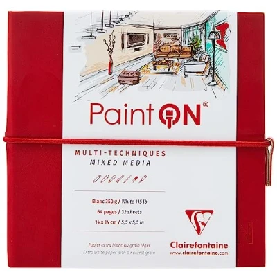 Image of Clairefontaine Ref 975430C Paint&#039;On Multi Technique Sewn Art Book (32 Sheets) 14 x 14cm, 250gsm Heavyweight Paper, Acid Free Black Pages / Red Cover