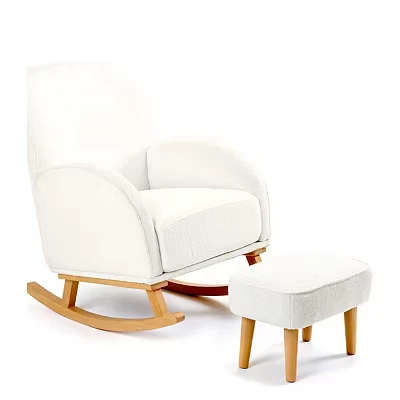 Image of Babymore Freya Nursing Chair &amp; Footstool in Off White Bouclé Elegant Rocking for Timeless Comfort With Sturdy Wooden Legs, Soft Fabric Stylish Armrests Contoured Backrest Enhances Support