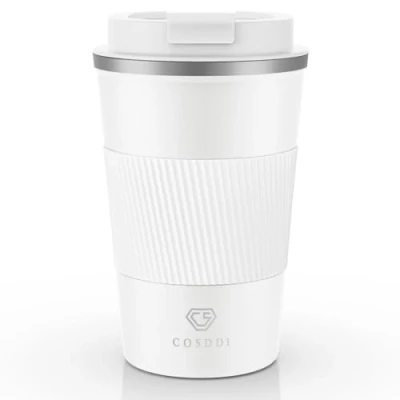Image of CS COSDDI Travel Mugs, Insulated Coffee Cup with Leakproof Lid Reusable Cups Car Stainless Steel Mug for Hot and Cold Water Tea(White A, 380 ml)