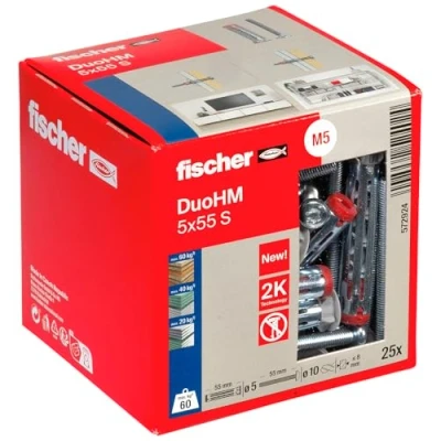 Image of fischer DuoHM 5 x 55 S TX Cavity Dowels with Metric Panhead Screw and Drive for Fixing TV Brackets, Lights, Wall Shelves, etc. in Panel Building Materials, Pack of 25