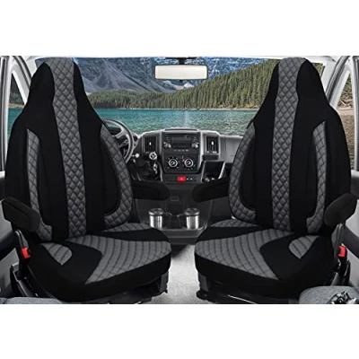 Image of Custom Seat Covers Driver and Passenger Compatible with Motorhome Pössl Weinsberg Knaus Adria Dethleffs Fendt Carthago Bürstner Eura Mobile Pilote Laika Kabe Chausson Hobby PL401 (Black/Grey)