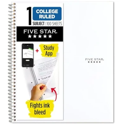 Image of Five Star Spiral Notebook, 1 Subject, College Ruled Paper, 100 Sheets, 11&quot; x 8 1/2, School, Wired, White (72456)