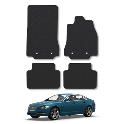 Image of Rubber Car Mats Compatible with Jaguar Xf (2008 2015) Tailored Fit Floor Set Accessory Black Custom 4 Pieces Clips Anti Slip Backing, Heavy Duty &amp; Waterproof