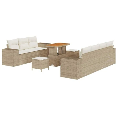 Image of vidaXL 10 Piece Garden Sofa Set with Cushions Beige Poly Rattan Acacia