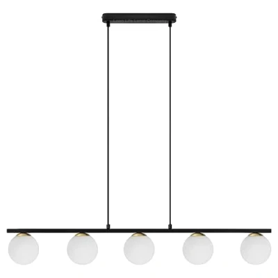 Image of 5 Lights Pendant Light Cluster Mini Glass Globe Shades Frosted Opal, Modern Black Ceiling Lamp Fixture with Brass H3086
