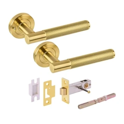Image of HANDLEZONE® Evo Grip Privacy Lever On Round Rose Door Handles, with Latch, for Bathroom, Toilet, WC Doors, 1 Set Satin Brass