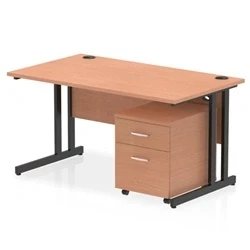 Image of Impulse 1400x800 Desk Beech/Black Cantilever Leg 2 Drawer Mobile Ped