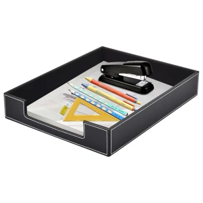 Image of XNONE Leather Letter Tray,Office Supplies Desk Organizer,Stackable File Tray Organizer for Mail Paper Files Magazines Jewelry Cosmetics,Luxury Holder&amp;Multifunction Desktop Storage Box (Black)
