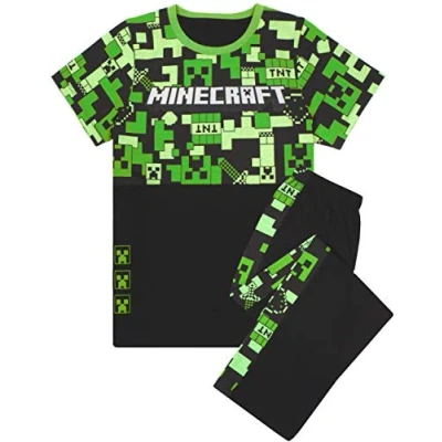 Image of Minecraft Pyjamas For Boys Kids Long Or Short Bottoms Options &amp; Gamer T Shirt Childrens Creeper PJ Set Merchandise Gifts 6 7 Years