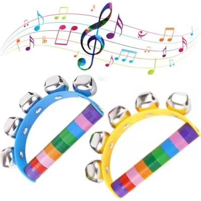 Image of Juliyeh 2 Pack Christmas Sleigh Bells Rainbow Jingle Instrument Wooden Hand Holiday Musical Bell Rattle（Random Colors）