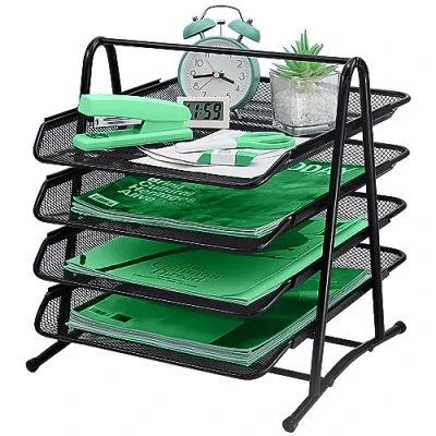Image of 4 Tier Letter Tray Organizer Metal Storage Compartments, Office Drawers, Document tray, A4 Mesh Drawer Organiser for Home and School, Black