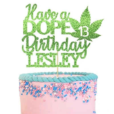 Image of GuteGifts Personalised Have a Dope Birthday Cake Topper Pot Leaf Green Weed Theme Party Decoration for Baby Shower Wedding Custom with Any Name &amp; Age Glitter Card (Green)