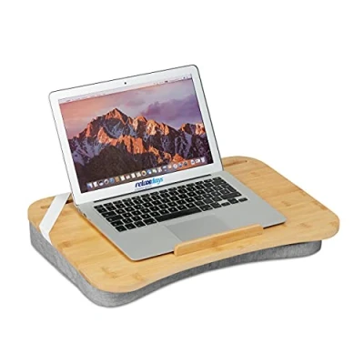 Image of Relaxdays Lapdesk, Bamboo, Memory Foam Cushion, WXD: 51 x 36 cm, Handle, Tray for Working on Bed &amp; Sofa, Natural/Grey