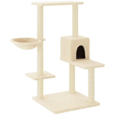 Image of vidaXL Cat Tree Multi Level Tower with Sisal Scratching Posts, Plush House and Basket, Durable Engineered Wood Structure, Ideal for Climbing, Relaxing, Indoor Interactive Play Cream Color