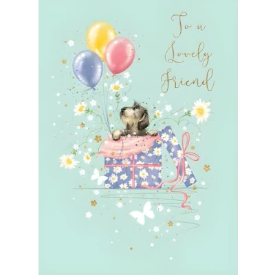 Image of Friend Birthday Card Female for Her Lovely Puppy Dog and Balloons Artistic Floral Butterfly Design Made in the UK Eco Friendly
