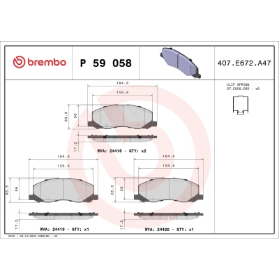 Image of 8770D1558 Brake pad set BREMBO P 59 058 with acoustic wear warning anti squeak plate accessories VAUXHALL: INSIGNIA Mk1, Mk1