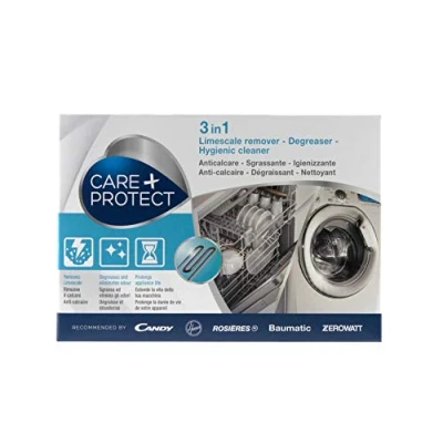 Image of Care + Protect 3 in 1 Washing machine/Dishwasher Cleaner, Limescale Remover, Degreaser, Hygienic Universal, 12 Sachets for Months Supply