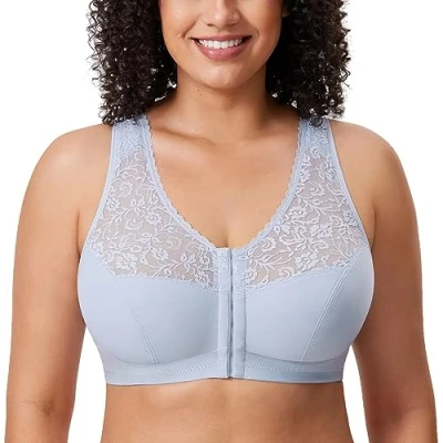 Image of Delimira Women&#039;s Front Fastening Bras Lace Wireless Plus Size Full Coverage Racerback Support Bra Opal Gray 40D