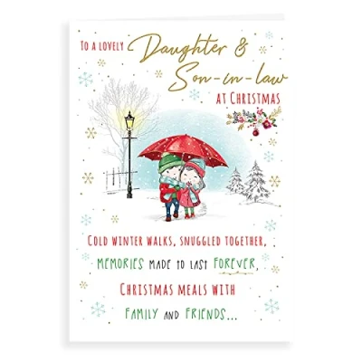 Image of Piccadilly Greetings Avant Garde Studios Character Christmas Card Daughter &amp; Son in Law 9 x 6 inches, H95008