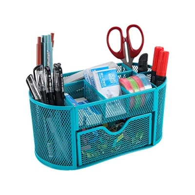 Image of EasyPAG Office Mesh Desk Tidy Versatile Stationery Storage Desktop Organiser Pen Holder with Drawer,Turquoise