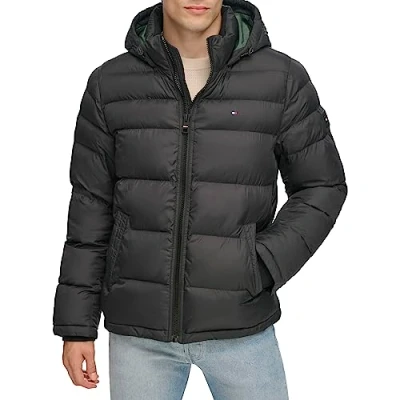 Image of Tommy Hilfiger Men&#039;s Classic Hooded Puffer Jacket (Regular and Big &amp; Tall Sizes) Down Alternative Outerwear Coat, Black, Small