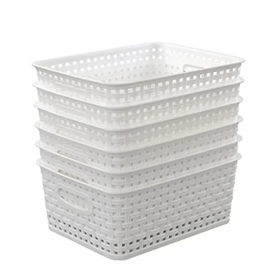 Image of Easymanie 6 pack Plastic Woven Rattan Storage Basket, White