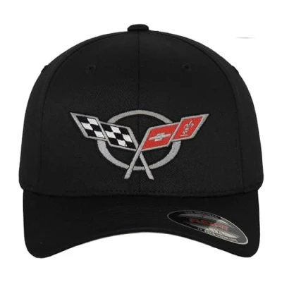 Image of Chevrolet Officially Licensed Corvette C5 Flags Flexfit Baseball Cap (Black), Small/Medium