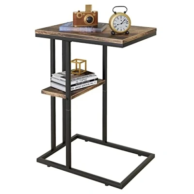 Image of Huhote C Shaped End Table, Sofa Coffee Table Under Sofa, Small Couch Side Snack TV Tray for Space, Bedside with Metal Frame Living Room &amp; Bedroom, Brown