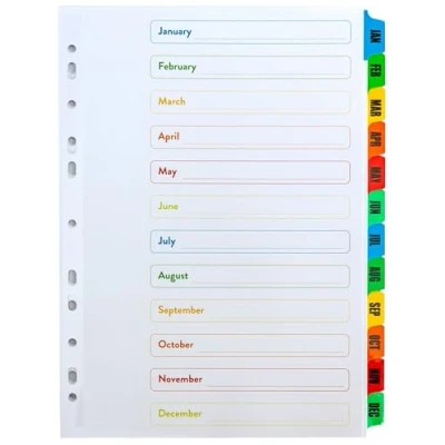 Image of 5 Pack A4 Jan Dec Monthly 12 Part File Dividers January to December Mylar Reinforced Coloured Tabs Multi Punched