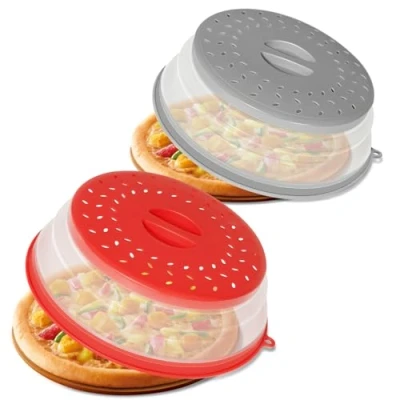 Image of CasaCulina 2 Pack Collapsible Microwave Splatter Cover, Vented Lid with Hook Hole, Guard for Plate Dish Bowl, Vegetable Fruit Colander Multi function Kitchen Gadget(Grey &amp; Red)