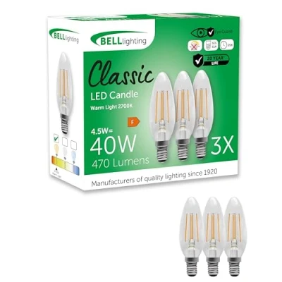 Image of Bell Lighting E14 Small Edison Screw Cap Filament Light Bulb LED Candle 3 Pack Warm White 2700K 470 Lumen 4.5W Energy Saving 40W Halogen Lamp Equivalent Non Dimmable