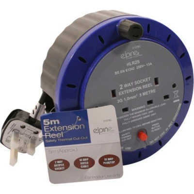 Image of 240V 2 Way Gang Splitter Mains Extension Reel Coil Lead 5m 10A Wind Up House DIY